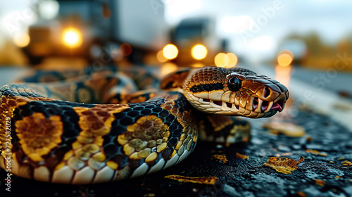 Close-up of a Boa Boidae python on a paved road with a blurry truck in the background.