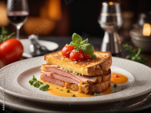 Ham cheese toast in fine dining restaurant, cinematic food photography, studio lighting and background