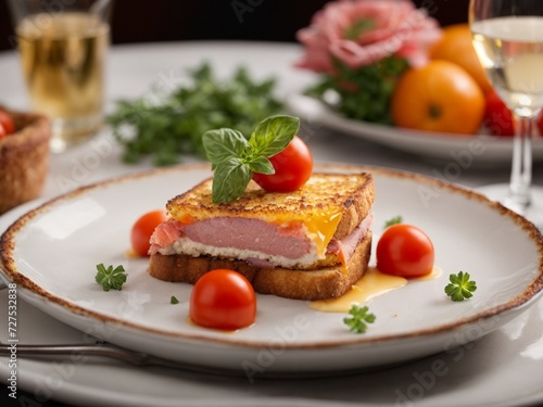 Ham cheese toast in fine dining restaurant, cinematic food photography, studio lighting and background