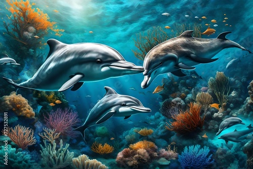 Dolphins and a reef undersea environment. Electronic collage images as wallpaper. Generative Ai