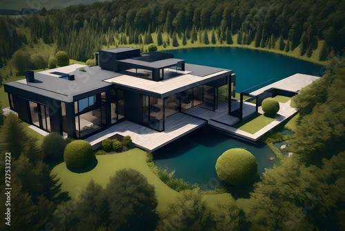 Modern house in a beautiful sceneryAerial view of modern house in a beautiful nature scenery besides lake. Generative IA