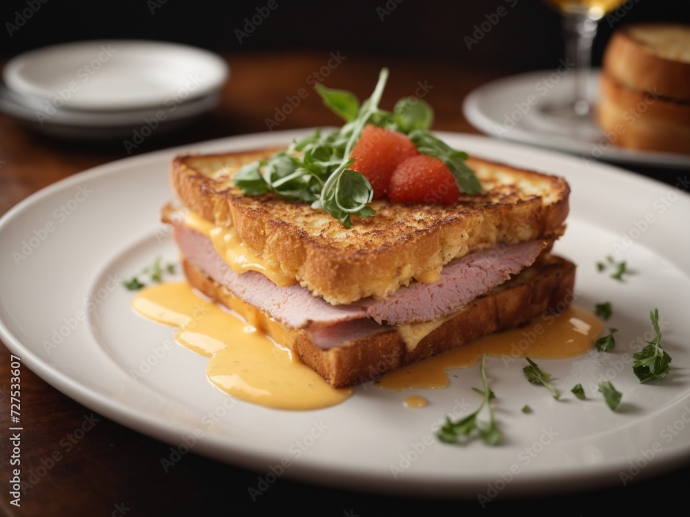 Ham cheese toast in fine dining restaurant, cinematic food photography, studio lighting and background