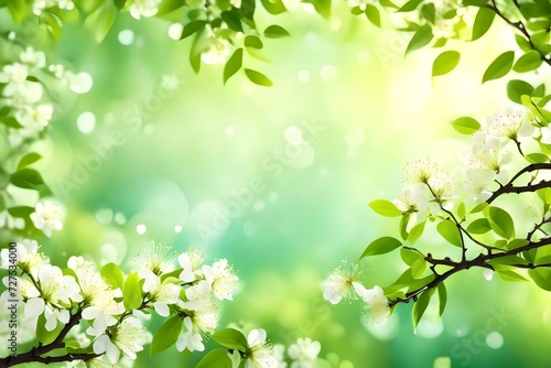 Blossoming tree, bokeh, nature background. Green leaves border. Spring background. Illustration