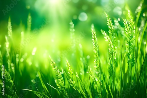 Natural green background of young juicy grass in sunlight with beautiful bokeh. Lush grass close-up in nature outdoors, wide format with copy space. Generative 