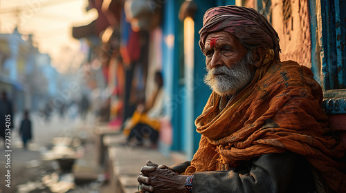 An old homeless Indian man sits alone on the street  worried and sad.