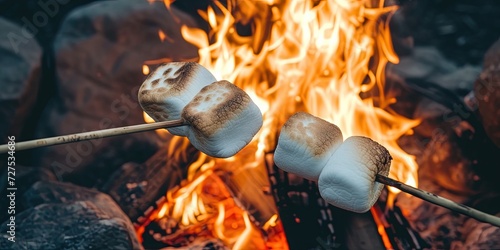 Roasting marshmallows on an open campfire for smores photo