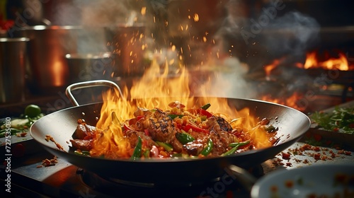 Fiery cooking scene with wok on fire, chef’s dramatic preparation photo