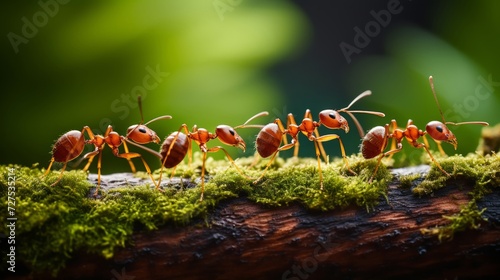 Close-up of cooperative ants forming a chain photo