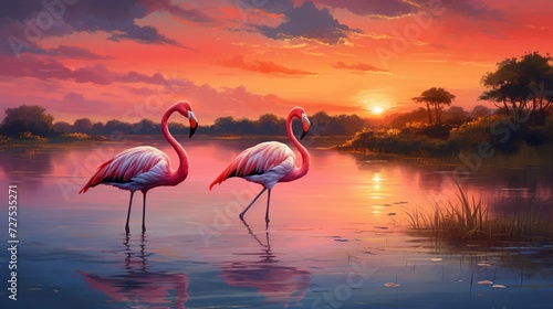 Sunset glow bathing elegant flamingos in a serene lake setting