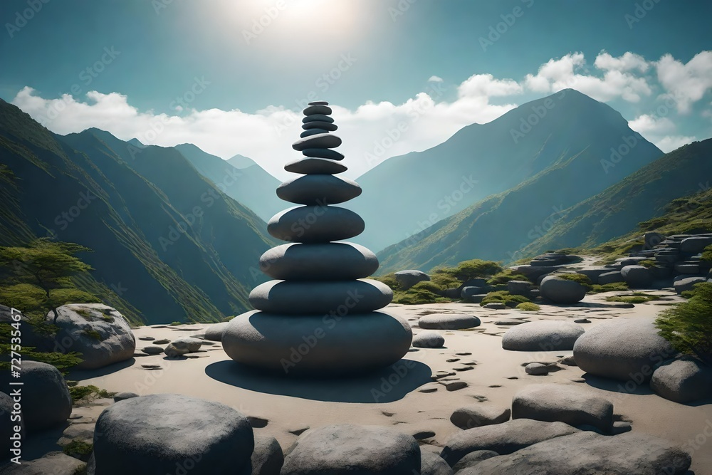 Zen meditation landscape. Calm and spiritual nature environment. Stone balance - obrazy, fototapety, plakaty 
