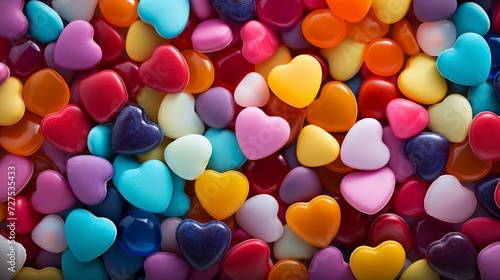 Whimsical pile of colorful heart candies, creating a romantic texture