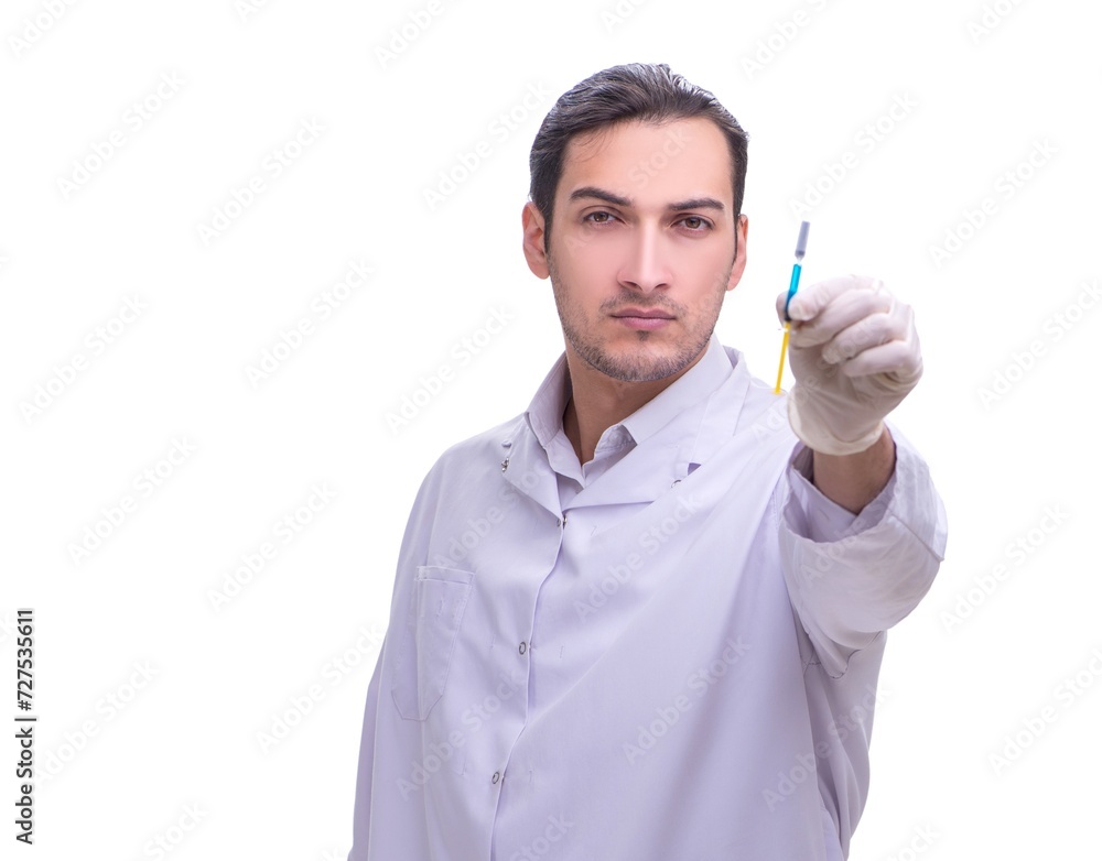 Young handsome doctor with syringe isolated on white Young handsome doctor with syringe isolated on white