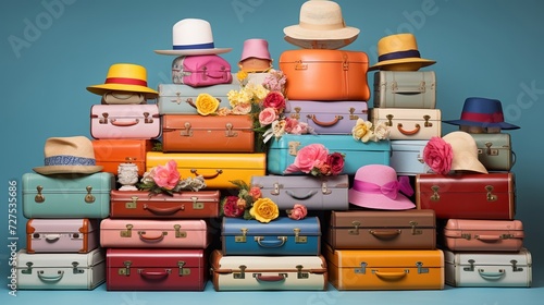 Whimsical array of colorful suitcases with a retro hat on top