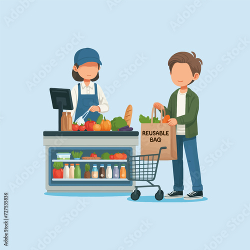 Customer shopping at grocery store cashier with reusable bag vector illustration