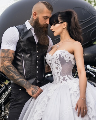 Beautiful and sexy motorcycle bride and groom