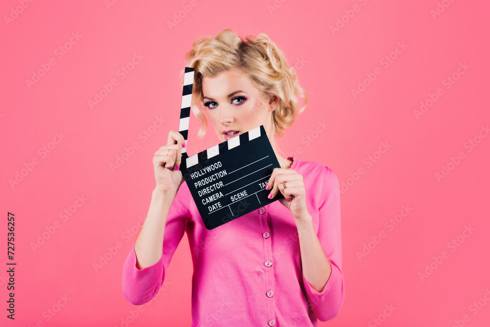 Women face through clapboard. Movie production clapper board, film