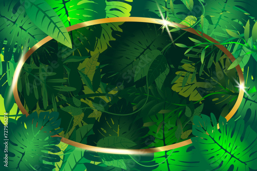 oval gold frame decorated with vector tropical leaves