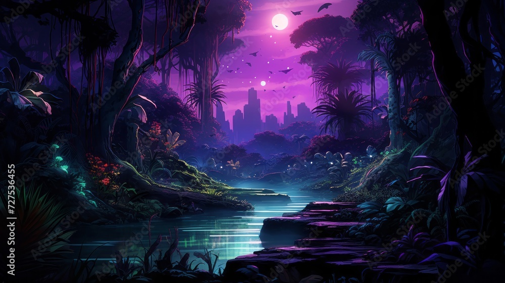 Vivid purple neon outline in a lush jungle oasis at night