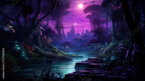 Vivid purple neon outline in a lush jungle oasis at night photo