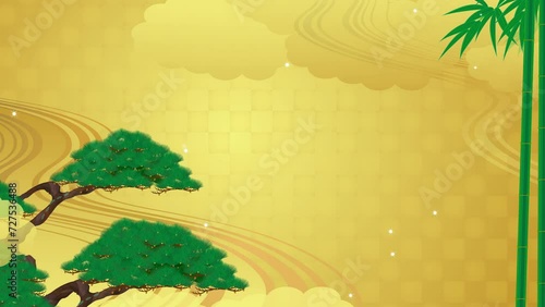 日本風の背景。松竹梅と雲と金色の背景のイラスト動画
