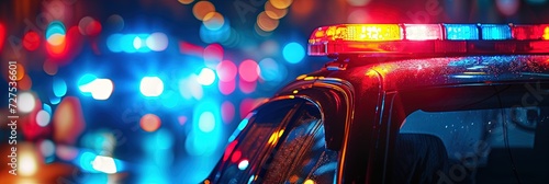 Closeup photo of police lights  shining red and blue during patrol photo