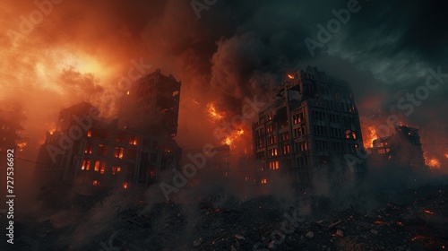 Apocalypse concept with burning city and desolate ashes among fires photo