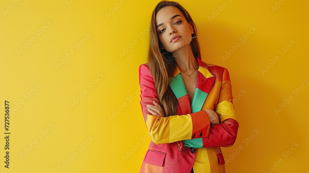 Woman wearing colorful outfit standing in front of colorful background Woman wearing colorful outfit standing in front of colorful background