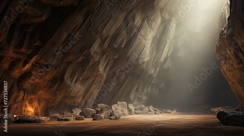 Majestic mountain cave with a beam of light piercing the cool, misty air
