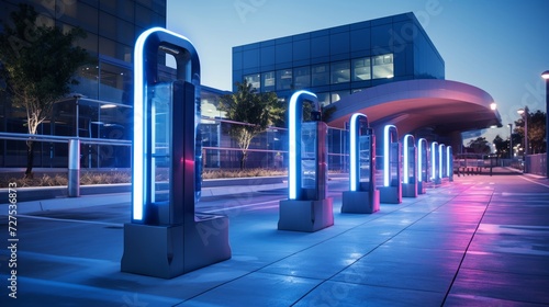 Futuristic checkpoint with sleek barriers at a high-tech corporate park