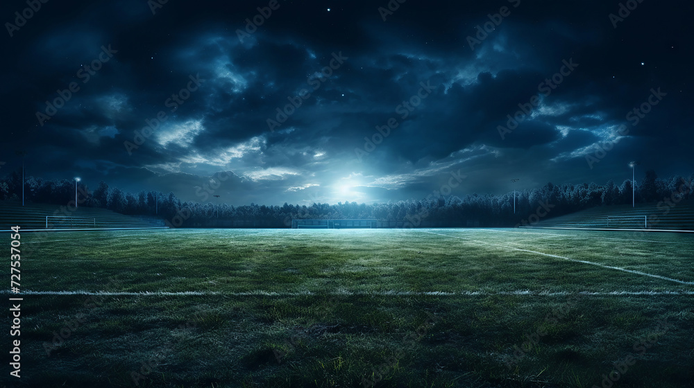 Nighttime football field basking in the glow of high beam lights - obrazy, fototapety, plakaty 