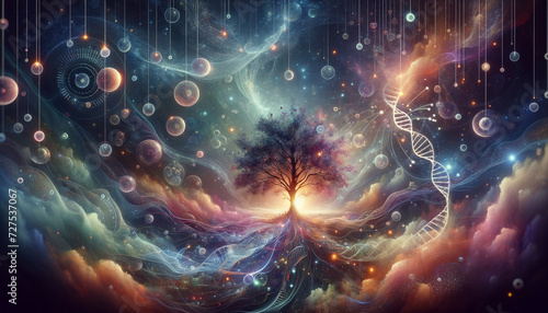 Surreal Phylogenetic Tree: Organic and Digital Fusion in Dreamlike Landscape