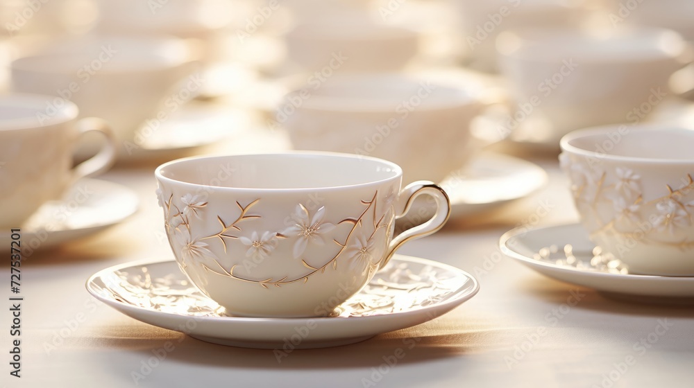 Elegant tea setting with white porcelain cups lined up Elegant tea setting with white porcelain cups lined up