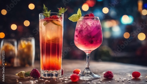 Colorful cocktails garnished with fresh fruits  set against a backdrop of bokeh lights. 