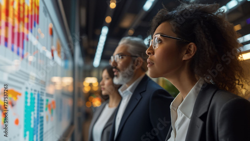 a group businesspeople looking planning strategy at infographics displayed on glass wall