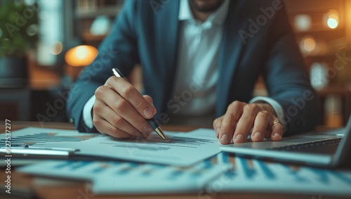 Businessmen make notes, analysis reports while working together in the office