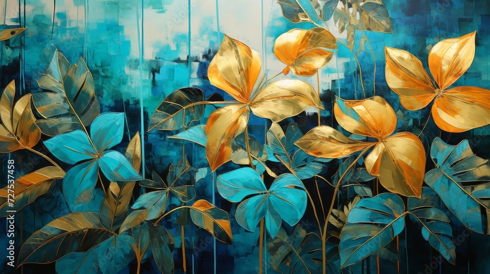Vibrant jungle scene, gold-leafed plants sparkling under a bright, azure sky Vibrant jungle scene, gold-leafed plants sparkling under a bright, azure sky