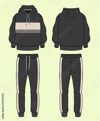 Men's Terry Fleece Athleisure Hoodie Jogger Suit Fashion Flat Sketch – Black and White Outline, Front and Back View Template Mock-up