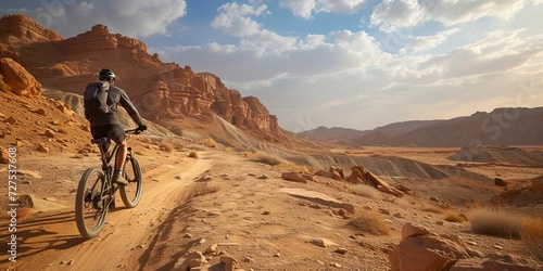 Cyclist riding BMX bike on dirt trail in desert landscape