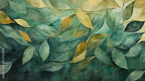 Abstract foliage art, metallic gold leaves intertwining with shades of green velvet