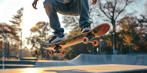 Skater on skateboard performing trick at skate park