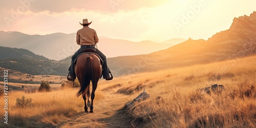 Cowboy riding a horse in the backcountry landscape with plenty of natural copy space photo