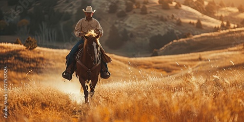Cowboy riding a horse in the backcountry landscape with plenty of natural copy space © Brian