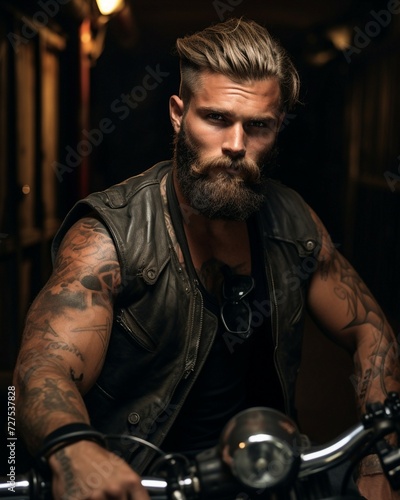 Sexy bearded and tattooed biker