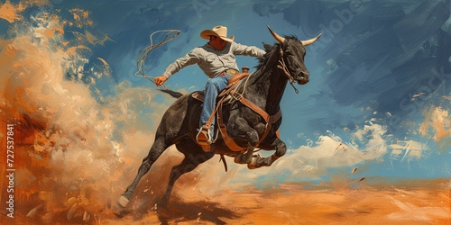 Rodeo concept with cowboy riding a bucking bull