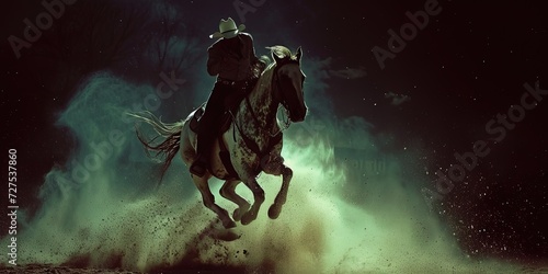 Rodeo concept with cowboy riding a bucking stallion