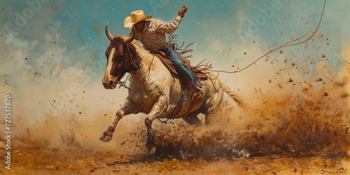 Rodeo concept with cowboy riding a bucking bull photo