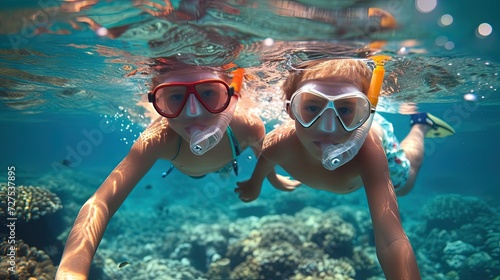 Children wearing snorkels and goggles while swimming underwater