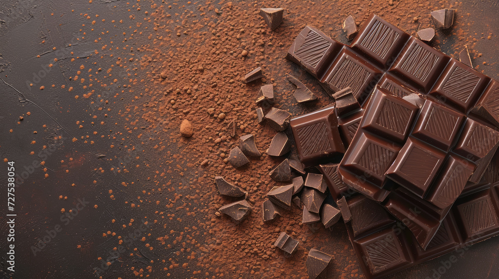 Cocoa powder spread over the dark backdrop with broken pieces of chocolate bars - Fondente background for gelaterias, sweets shops, packaging, menus, blogs and web pages Cocoa powder spread over the dark backdrop with broken pieces of chocolate bars - Fondente background for gelaterias, sweets shops, packaging, menus, blogs and web pages