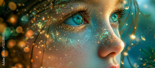 hyperdetailed close up face shots of a beautiful girl covered in shiny sparkling particles of stardust - fantasy novel book cover concept about fairies and goddesses