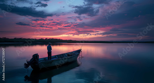 Canvas Print a fisherman docks his boat in a waterway at sunset